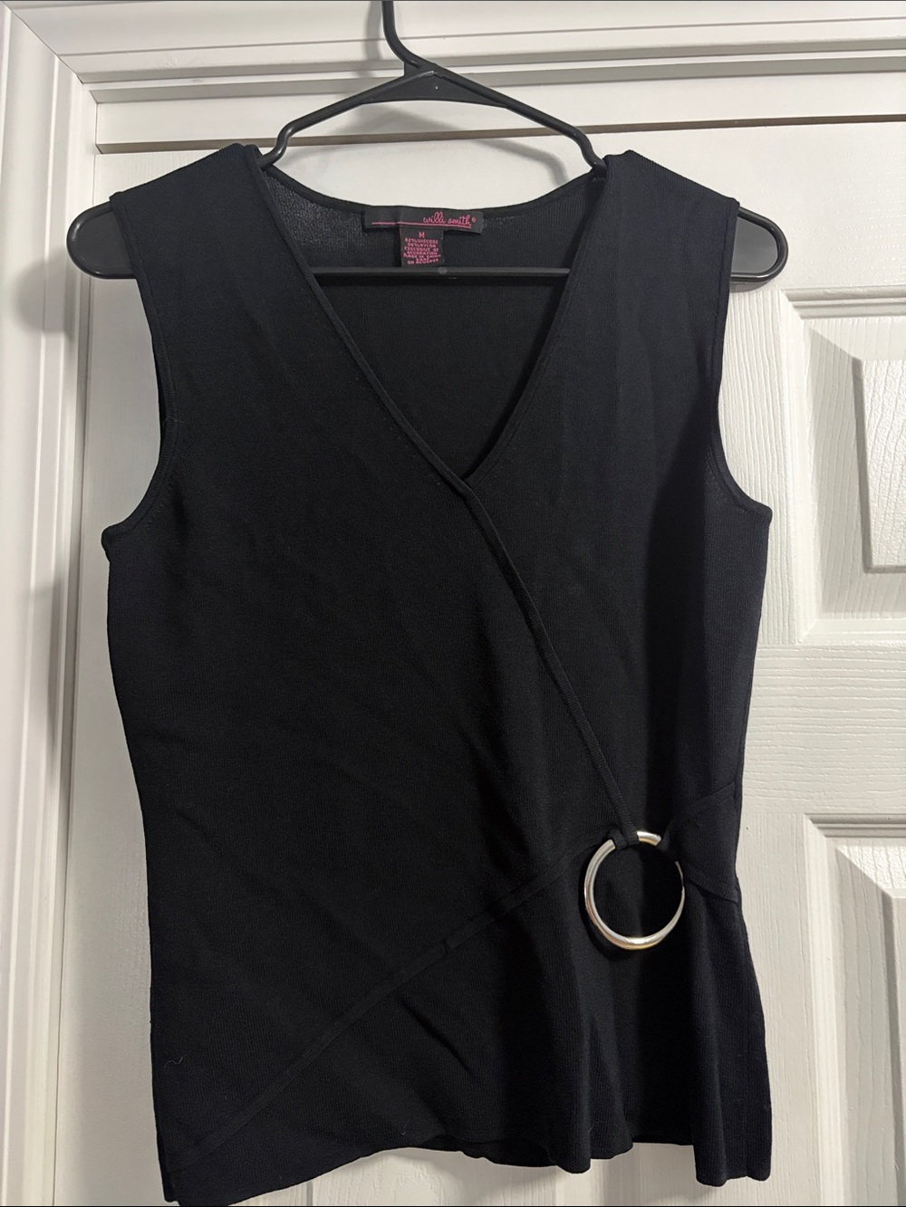 Willi Smith Black Sleeveless Wrap Tank with Silver Ring Detail
